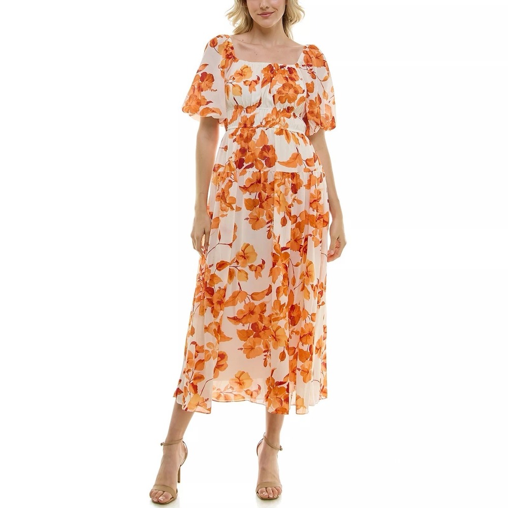 Floral Orange/White Maxi dress SquareNeckline/Off the Shoulder sz 14 Puff Sleeve